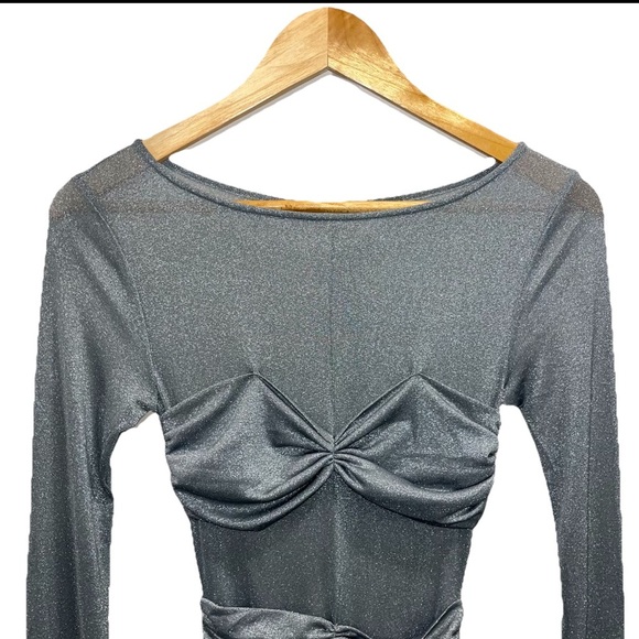 PHEME Silver Mesh Maxi Dress XS Stretch Ruched Long Sleeve Evening Sparkle Gown - Picture 5 of 13